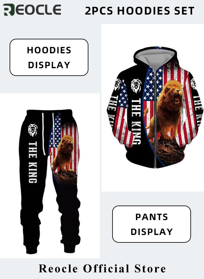 ريوكل طقم هودي رجالي مكون من قطعتين، سويت شيرت، بقلنسوة بأكمام طويلة، مطبوع ثلاثي الأبعاد، مع سحاب، بنطال رياضي، بدلة كاجوال - Image 3