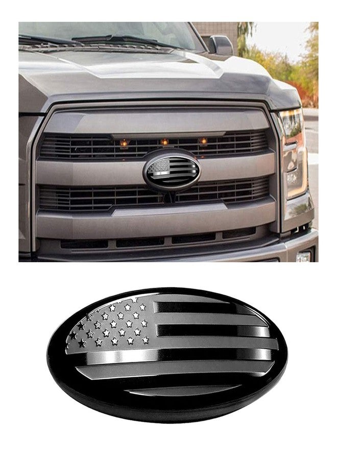 Suvnie Front Grille US Flag Emblem, 7 Inch Oval Rear Tailgate Decal Badge Nameplate, Central Mesh Cover Label Sticker Overlay Replacement Compatible with F150 F250 F350 and More (7'', Black) - Image 1