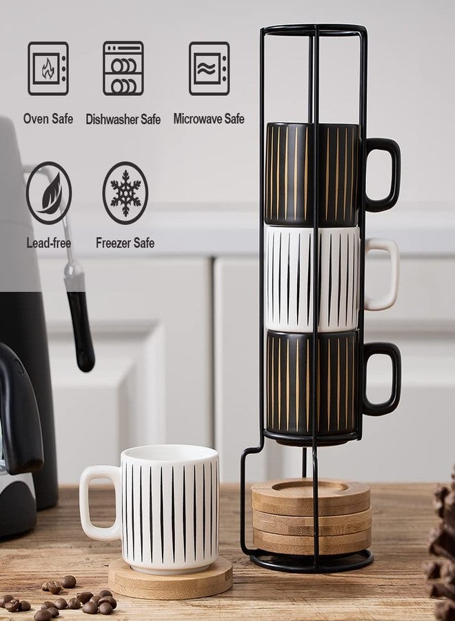LUKA Porcelain Espresso Cup with Saucer and Metal Stand, 4 Ounce Stackable Ceramic Demitasse Espresso Mugs Cups Set for Latte, Specialty Coffee Drinks, Cafe Mocha,Tea - Set of 4, White & Black - Image 4