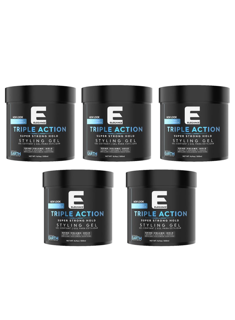 Elegance-E Series Earth Triple Action Styling Gel – 500ml – Pack of 5 | Super Strong Hold, Volume, Shine & Flake-Free Finish - Image 1