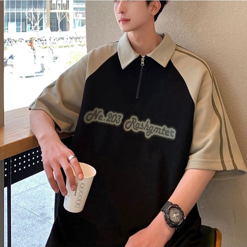 American Style Trendy Brand Color Matching Retro Raglan Sleeve High Street Trendy Heavy T-Shirt All-Match Simple Design Sense Base Shirt - Image 3