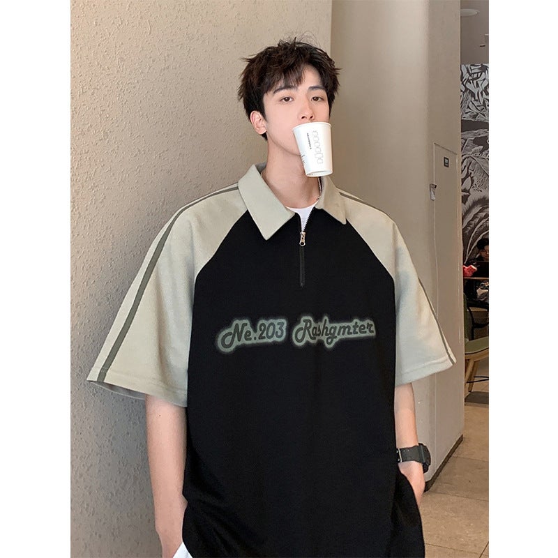 American Style Trendy Brand Color Matching Retro Raglan Sleeve High Street Trendy Heavy T-Shirt All-Match Simple Design Sense Base Shirt - Image 5