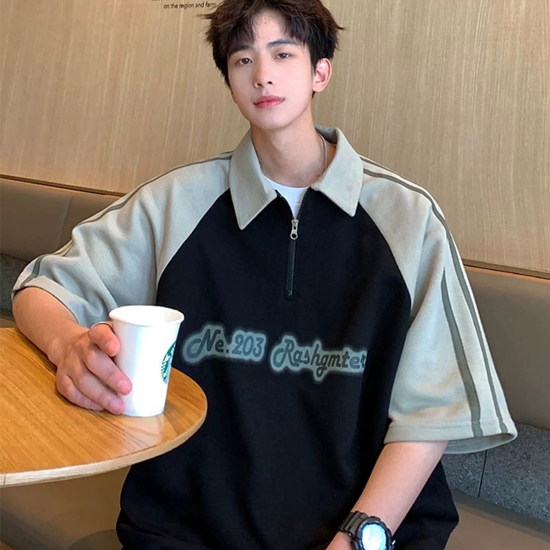American Style Trendy Brand Color Matching Retro Raglan Sleeve High Street Trendy Heavy T-Shirt All-Match Simple Design Sense Base Shirt - Image 1