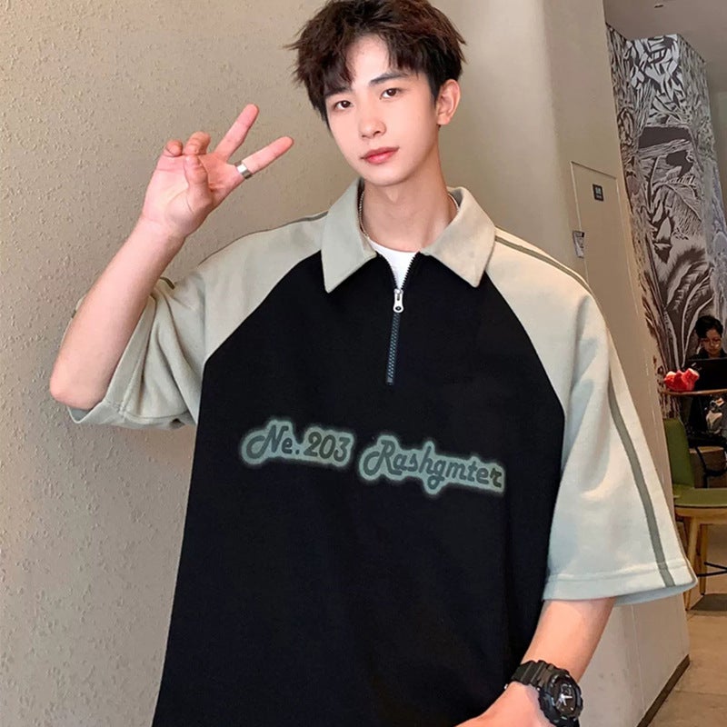 American Style Trendy Brand Color Matching Retro Raglan Sleeve High Street Trendy Heavy T-Shirt All-Match Simple Design Sense Base Shirt - Image 2