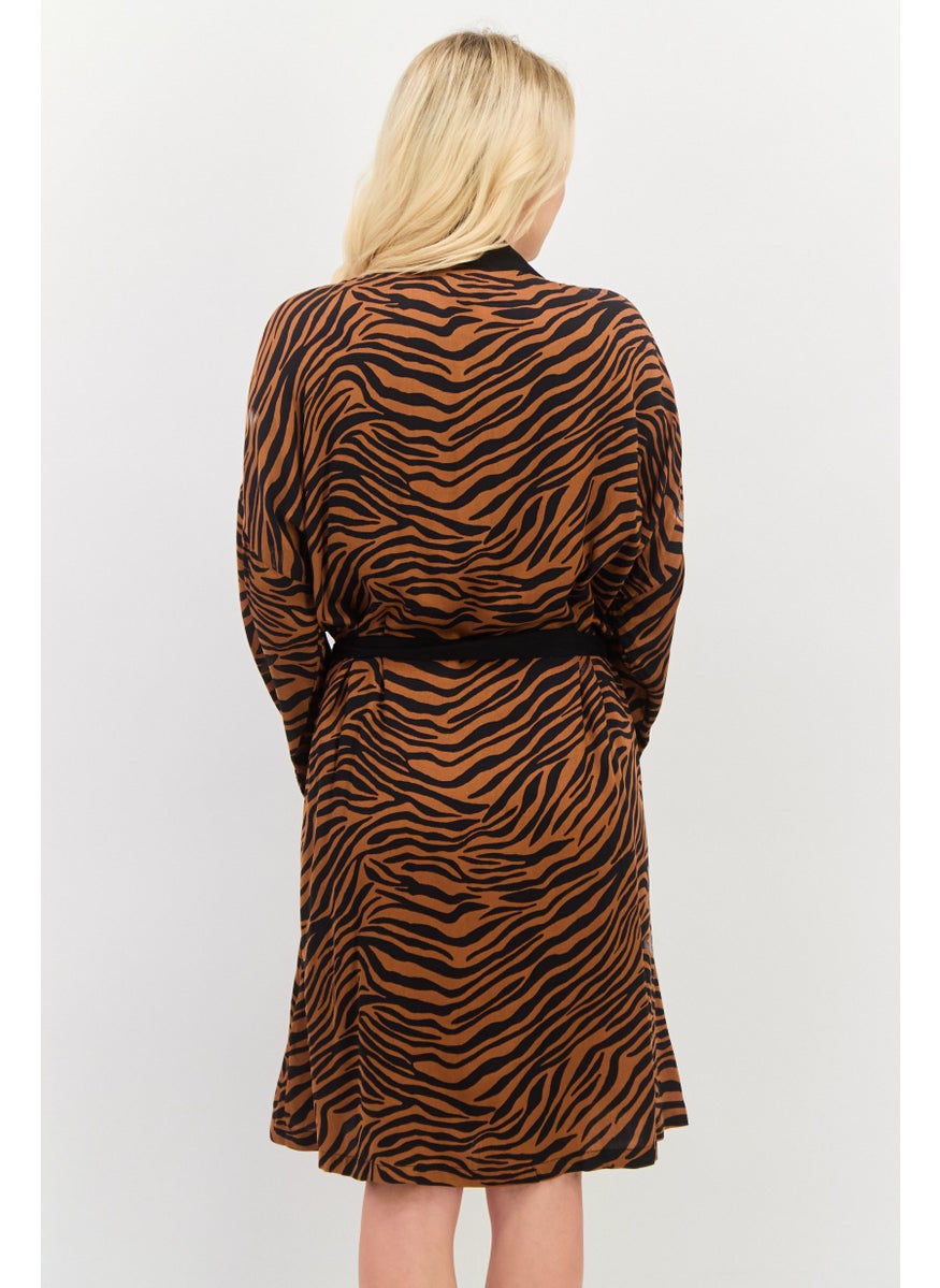 Marilyn Monroe - Women Belted Tiger Pattern Night Robe, Brown - Image 1