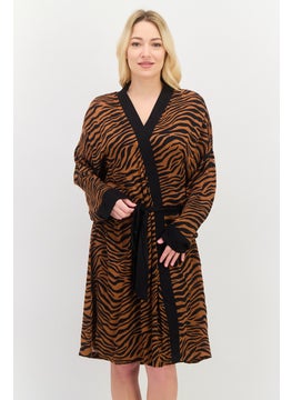 Women Belted Tiger Pattern Night Robe, Brown