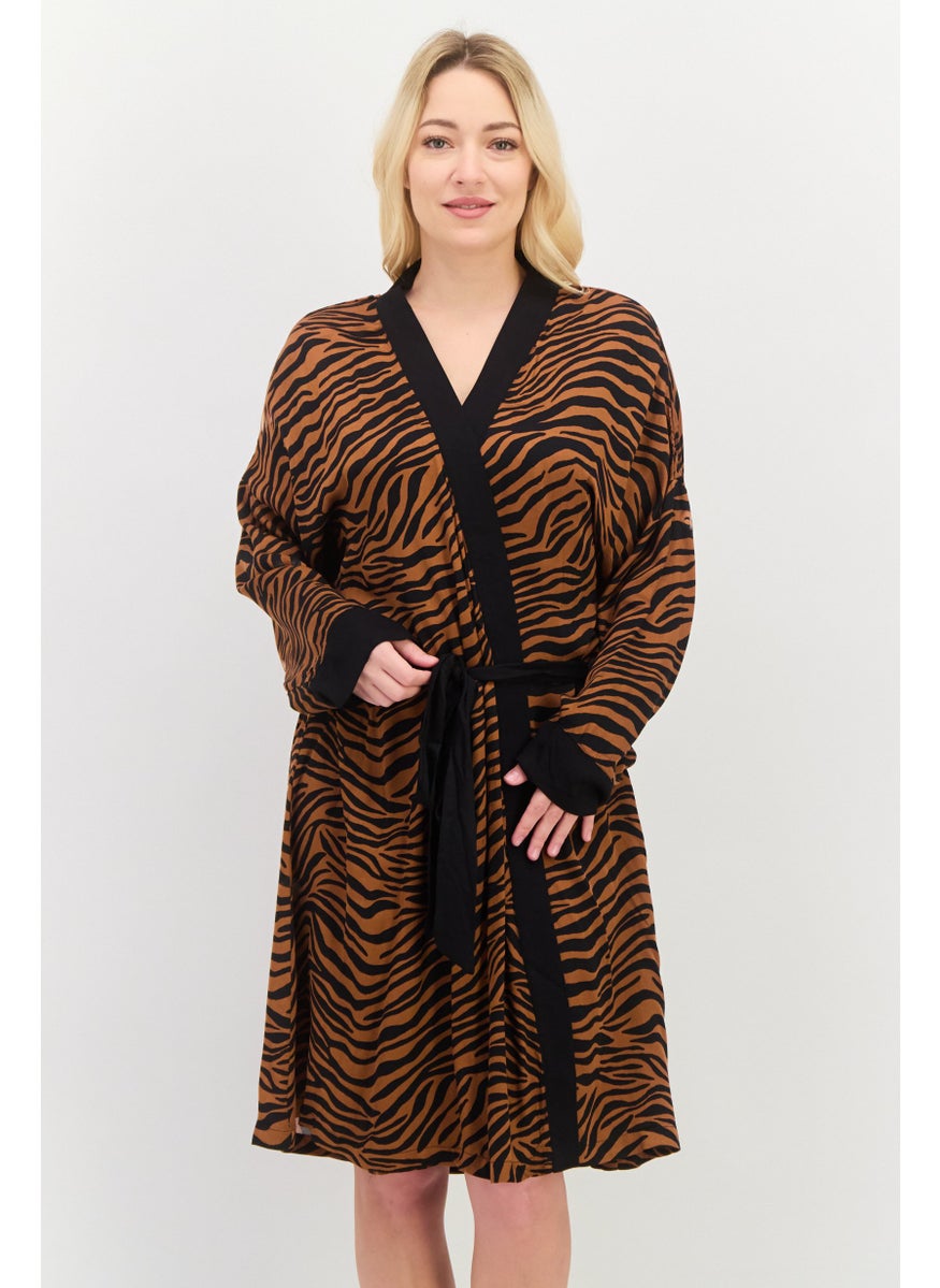 Marilyn Monroe - Women Belted Tiger Pattern Night Robe, Brown - Image 1