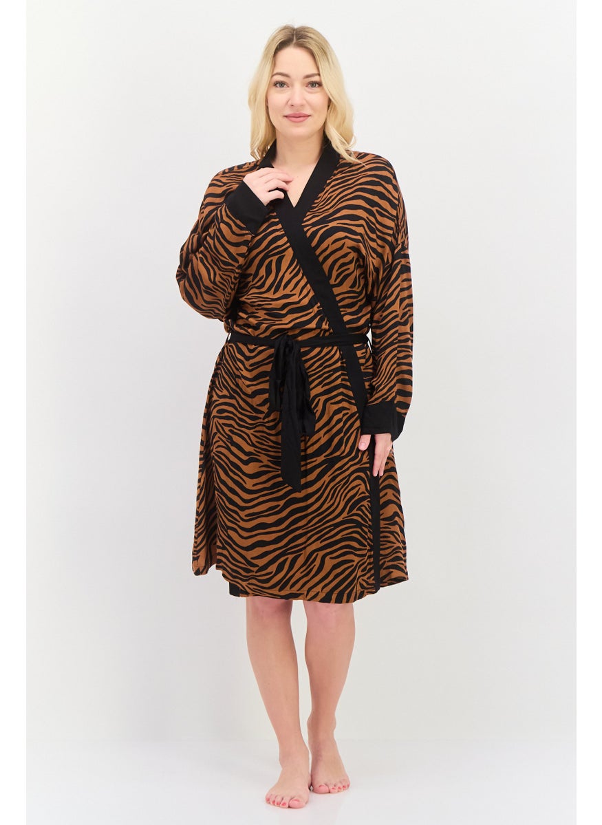 Marilyn Monroe - Women Belted Tiger Pattern Night Robe, Brown - Image 1