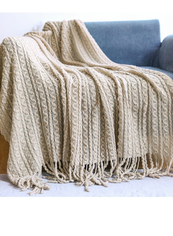 Loquat Tassel Design Knitted Textured Soft Throw Blanket Light Khaki - Image 1