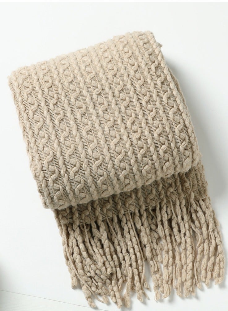 Loquat Tassel Design Knitted Textured Soft Throw Blanket Light Khaki - Image 3