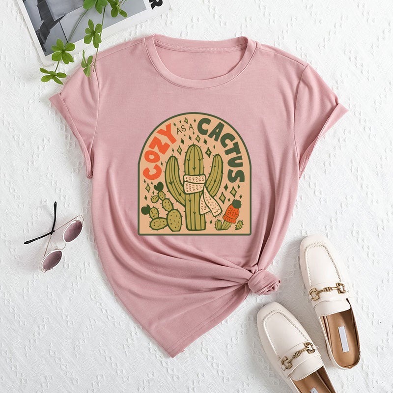 2025 Foreign Trade Women Go to Independent Station Temm Clothes Cross-border E-commerce ebay Amazon Cactus Printed Polyester Ammonia T-shirt Lotus color 