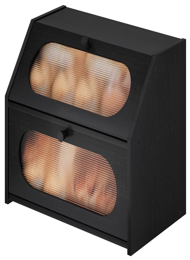 Vriccc Black Large Bread Box for Kitchen Counter, Large Bamboo Wood Double Layer Bread Box, Wooden Bread Storage Capacity - Image 1