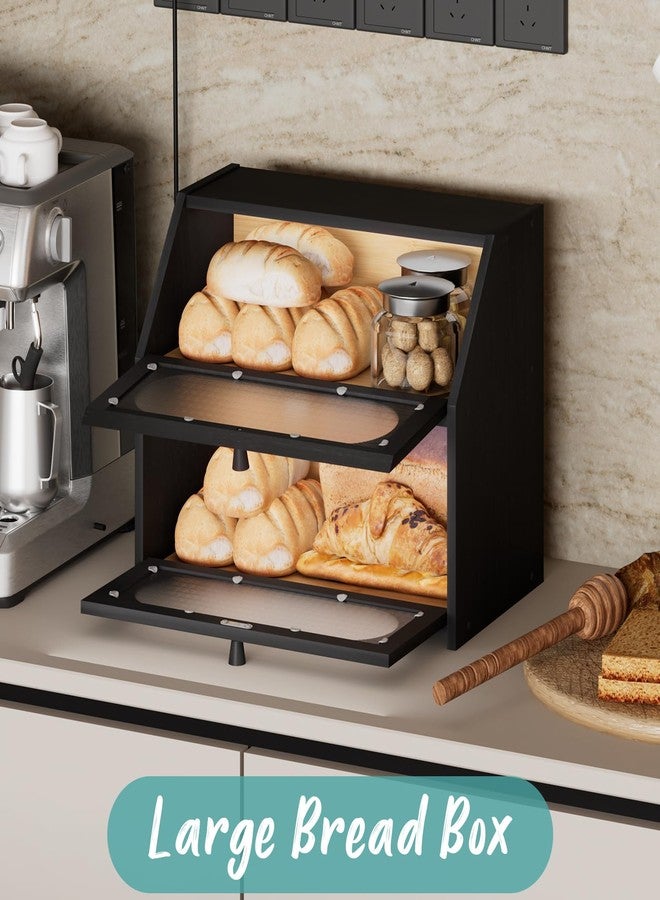 Vriccc Black Large Bread Box for Kitchen Counter, Large Bamboo Wood Double Layer Bread Box, Wooden Bread Storage Capacity - Image 2
