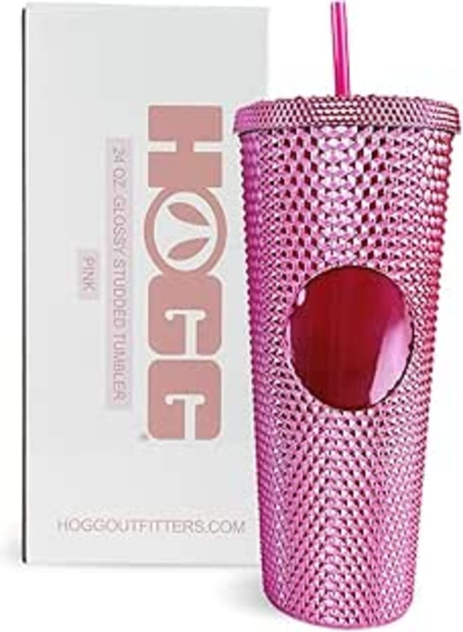 Hogg 24 oz Studded Tumbler with Lid and Straw - Glossy Pink, Reusable Iced Coffee Cup, Bling Tumbler for Women, Glitter Rhinestone Cup, Gifts for Iced Coffee Lovers