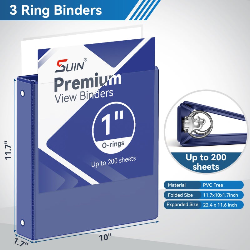SUIN 1-inch 3 Ring Binder with 2 Interior Pockets, 1''Durable Binders Holds US Letter Size 8.5'' x 11'' Paper - Versatile Binders for Office, Home, and School Use, 6 Pack, Assorted Rainbow Colors - Image 2