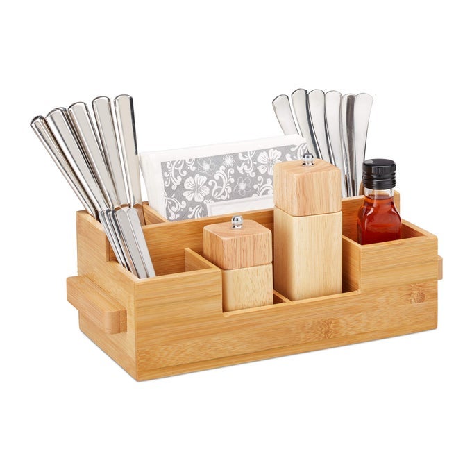 CUTLERY HOLDER BAMBOO 7 COMPARTMENTS TABLE CADDY FOR NAPKINS SAUCES OIL SPICES HWD 115 X 35 X 15 CM