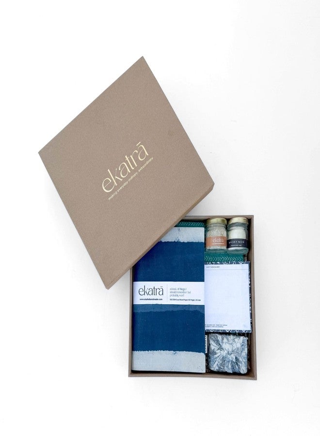 Ekatra Sustainable Wellness Hamper | A5 Journals, Handstitched Pouch, Essential Oils Bath Bar, Scented Candle, Face Scrub, Notecard | Eco Gift | Corporate Friendly - Indigo Stripes - Image 3