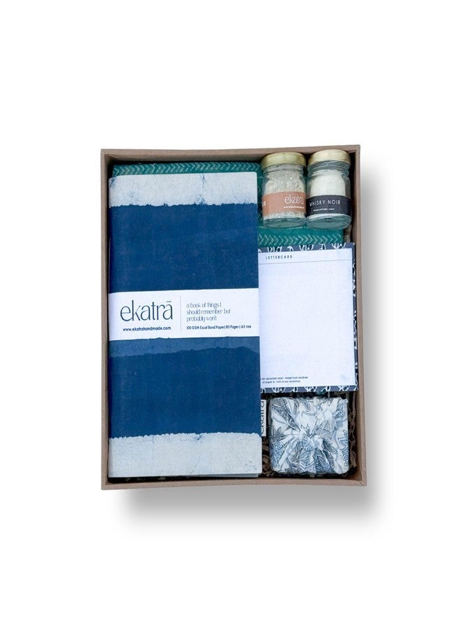 Ekatra Sustainable Wellness Hamper | A5 Journals, Handstitched Pouch, Essential Oils Bath Bar, Scented Candle, Face Scrub, Notecard | Eco Gift | Corporate Friendly - Indigo Stripes - Image 1