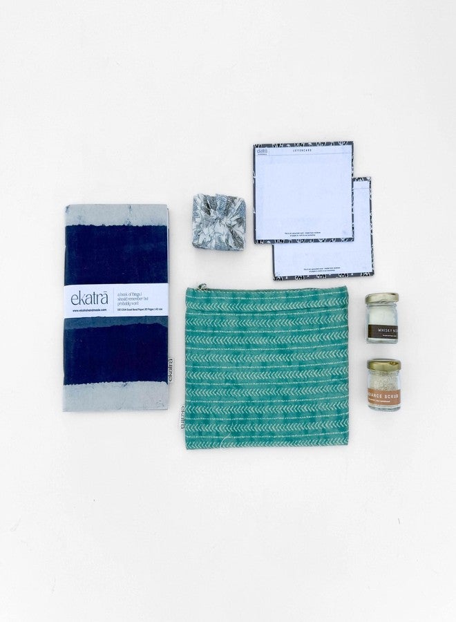 Ekatra Sustainable Wellness Hamper | A5 Journals, Handstitched Pouch, Essential Oils Bath Bar, Scented Candle, Face Scrub, Notecard | Eco Gift | Corporate Friendly - Indigo Stripes - Image 4