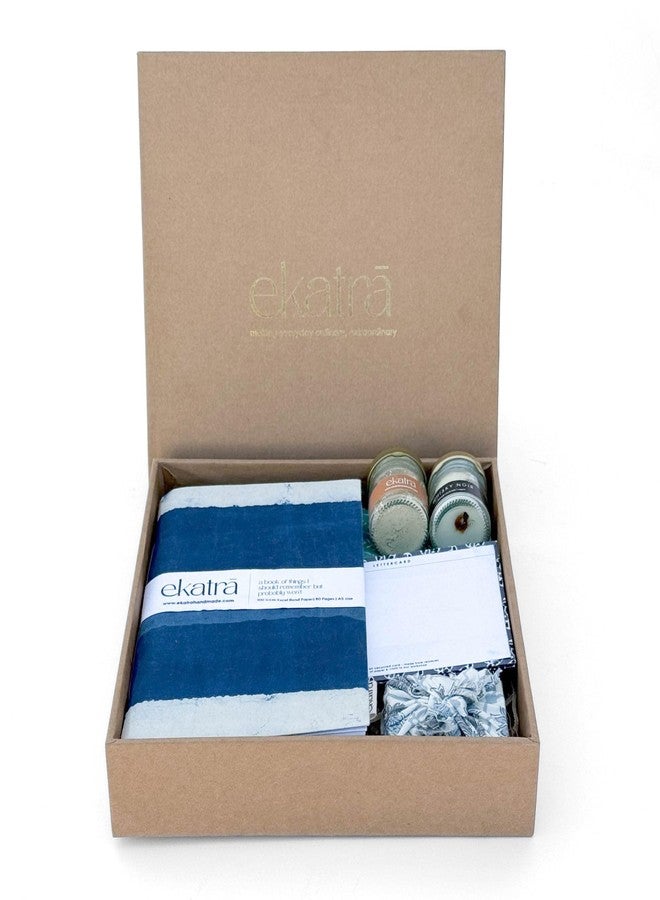 Ekatra Sustainable Wellness Hamper | A5 Journals, Handstitched Pouch, Essential Oils Bath Bar, Scented Candle, Face Scrub, Notecard | Eco Gift | Corporate Friendly - Indigo Stripes - Image 2