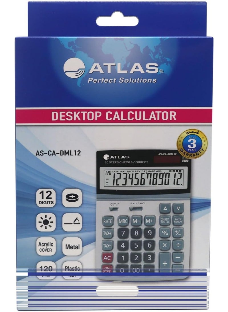 أطلس آلة حاسبة أطلس، ١٢ رقمًا، ١٢٠ خطوة للتحقق والتصحيح، طاقة مزدوجة، المجموع الكلي ووظيفة الضريبة، كبيرة، لون فضي أسود - Image 1