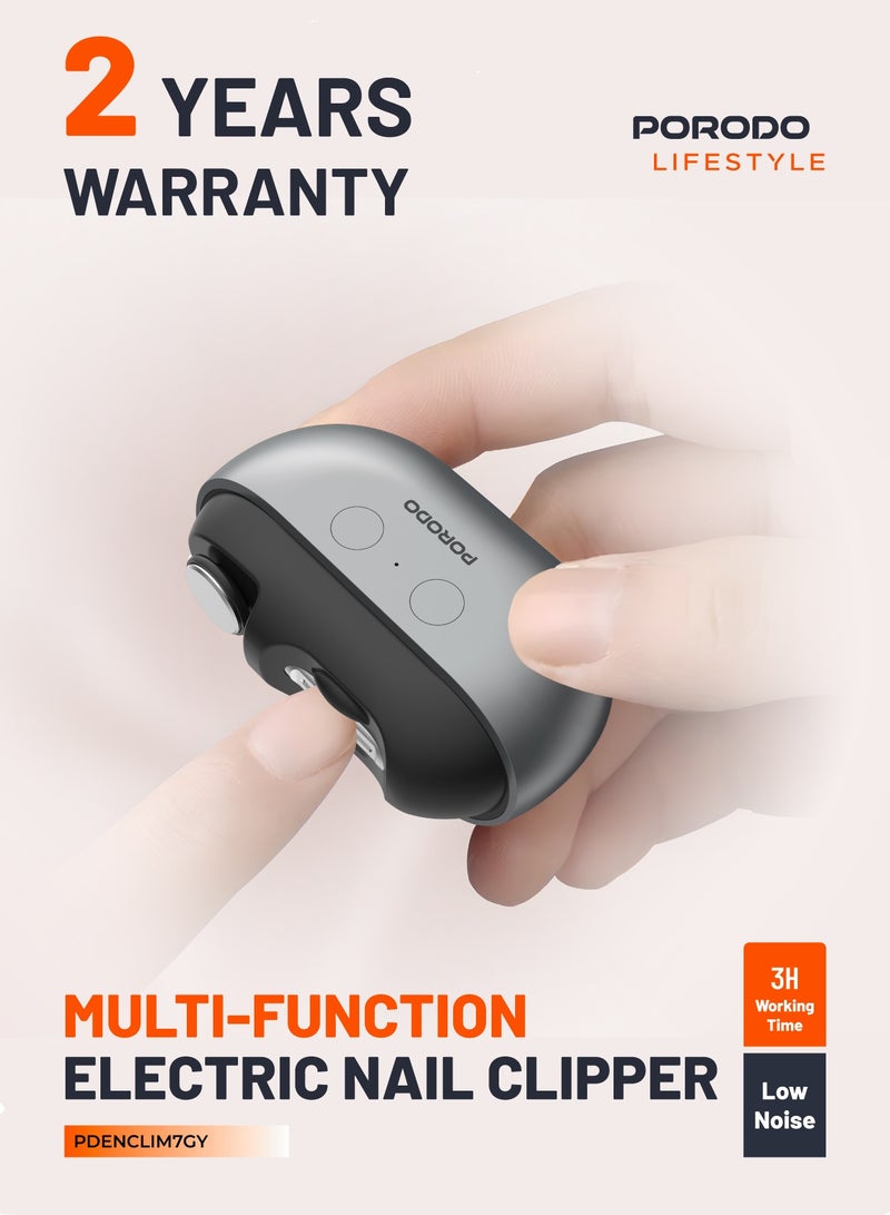 porodo Lifestyle Multi-Function Electric Nail Clipper with Nail Clip Storage and LED Flashlight / Fingernail Cutter / Rechargeable Nail Trimmer / Suitable for Kids, Adults and Seniors - Grey - Image 1