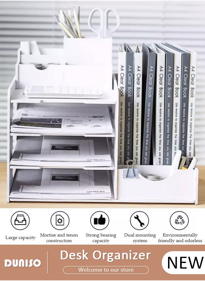 DUNISO 4 Tier Desktop Organizer, Book Holder,Office Desk Organizer, Desk Stationery Storage File Sorter Organizerand Accessories with Magazine Folder Holder for Home Office School Decoration  - Image 1