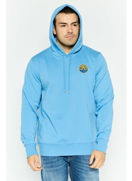 Men Brand Logo Long Sleeves Hooded Sweatshirt, Light Blue