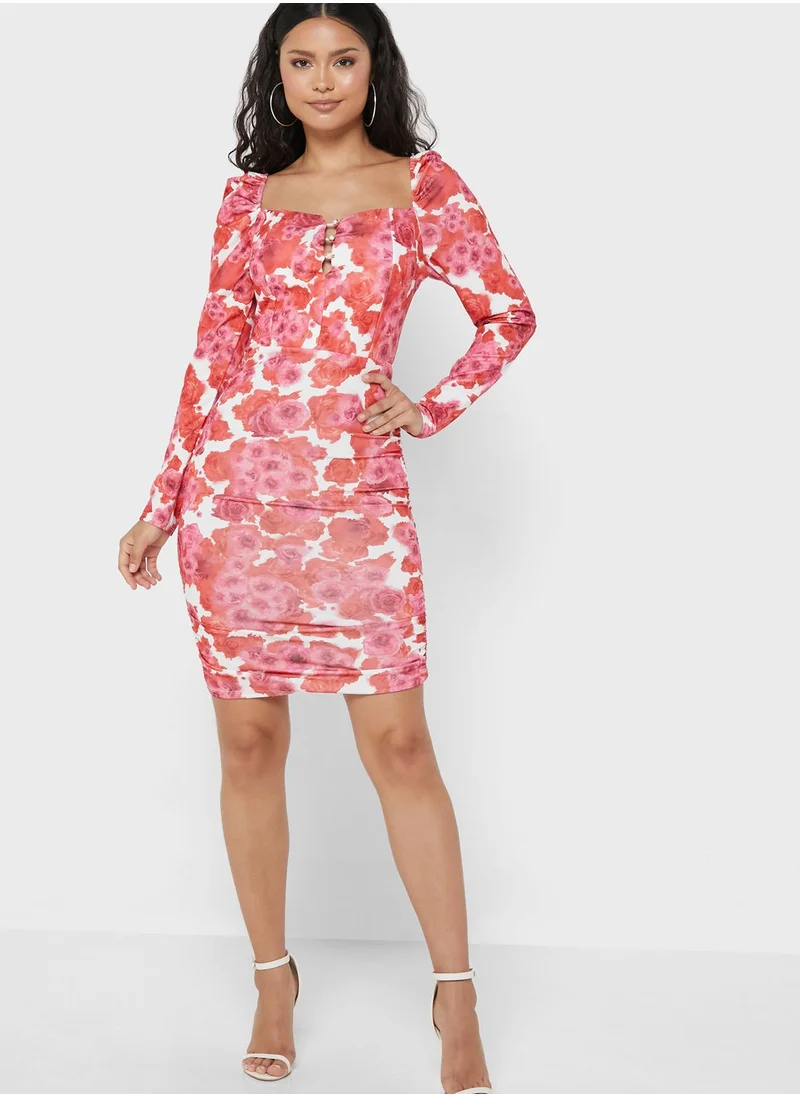 PARISIAN Ruched Puff Sleeve Floral Print Dress