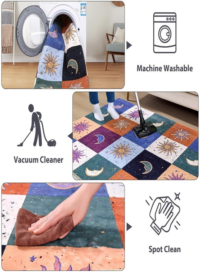 Ouyattle Boho Sun and Moon Washable Rug Ultra Thin, Vintage Mystical Celestial Checkerboard 4x6 Area Rug for Living Room Entryway Kitchen Dorm, Hippie Retro Aesthetic Cute Trendy Indie Bedroom Accent Carpet - Image 5