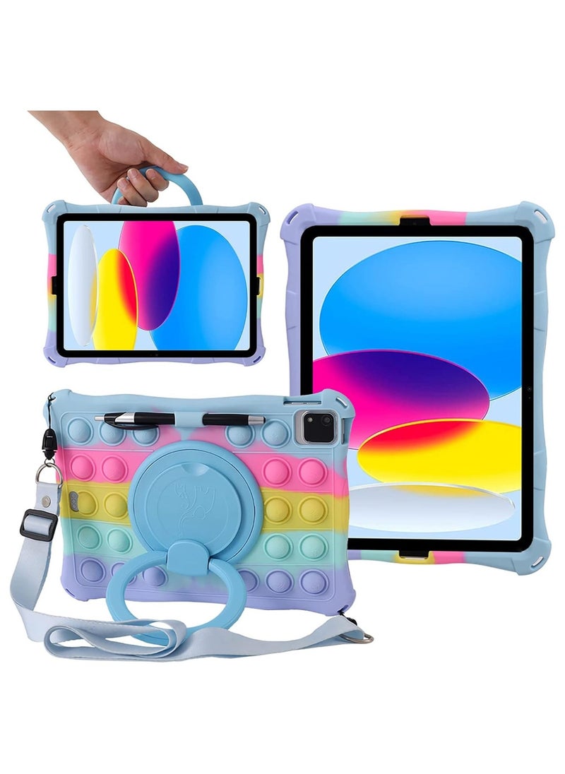 Case for iPad 10th Generation Case 10.9 Inch 2022 Rotating Handle Kickstand Silicone Shockproof Cover with Shoulder Strap  Pencil Holder  Stylus, Rainbow Light Blue
