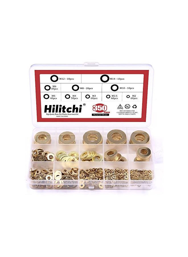 Hilitchi 350-Pcs [10 - Size] Brass Flat Washer Assortment Set - M2 M2.5 M3 M4 M5 M6 M8 M10 M12 M14 - Image 5