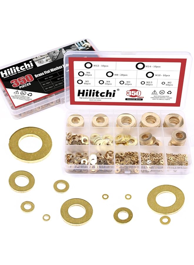 Hilitchi 350-Pcs [10 - Size] Brass Flat Washer Assortment Set - M2 M2.5 M3 M4 M5 M6 M8 M10 M12 M14 - Image 1