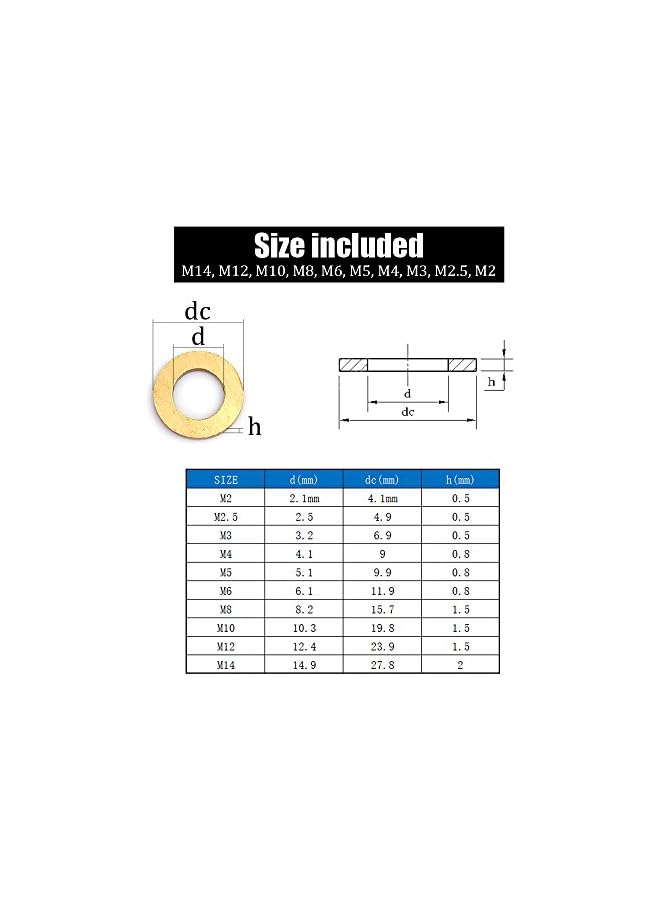 Hilitchi 350-Pcs [10 - Size] Brass Flat Washer Assortment Set - M2 M2.5 M3 M4 M5 M6 M8 M10 M12 M14 - Image 2