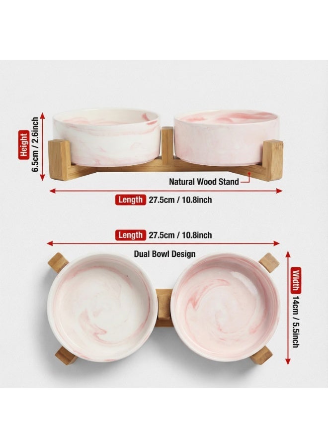 EPET Elevated Marble Pattern Ceramic Pet Bowl with Wood Stand, Double Bowl (Pink, Small) - Image 2