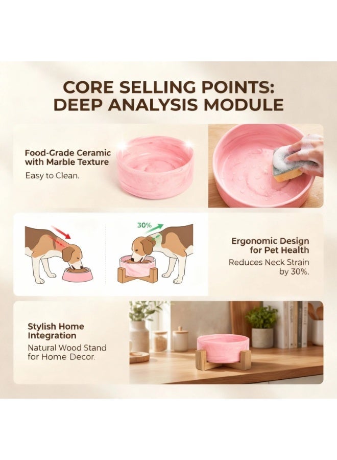 EPET Elevated Marble Pattern Ceramic Pet Bowl with Wood Stand, Double Bowl (Pink, Small) - Image 3