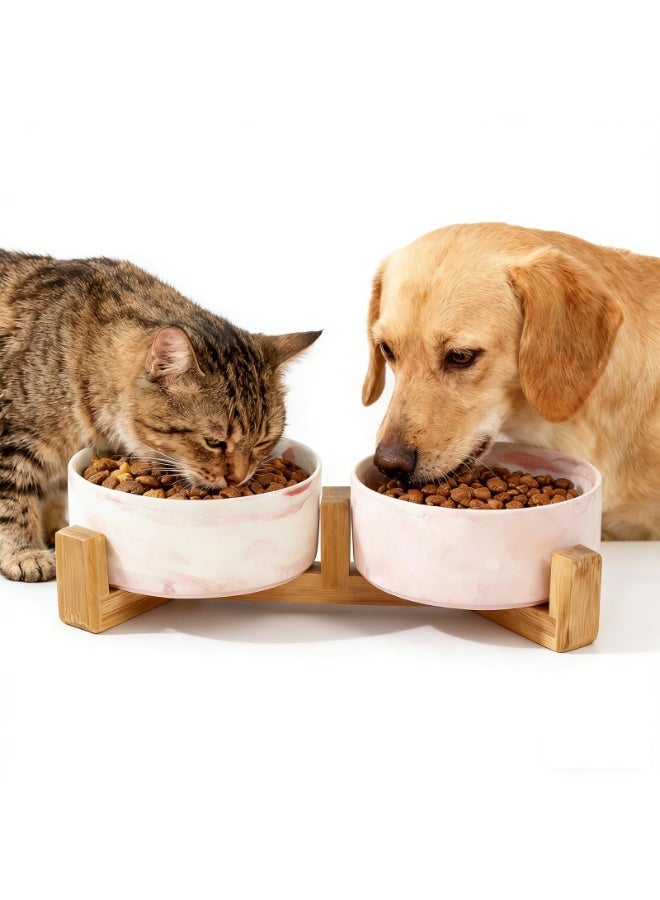 EPET Elevated Marble Pattern Ceramic Pet Bowl with Wood Stand, Double Bowl (Pink, Small) - Image 1