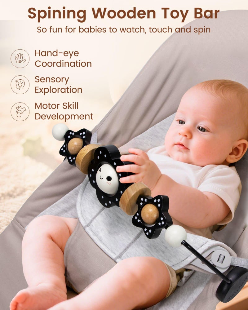 TinlyFinly Baby Bouncer Toy Bar Wooden Compatible with Baby Bjorn Bouncers, Bouncer Toy Attachment Tight and Secure Fit, So Fun to Watch, Touch and Spin for Babies All Ages (Black and White Flower) - Image 3