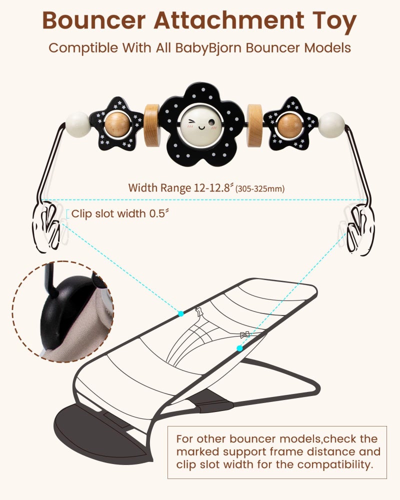 TinlyFinly Baby Bouncer Toy Bar Wooden Compatible with Baby Bjorn Bouncers, Bouncer Toy Attachment Tight and Secure Fit, So Fun to Watch, Touch and Spin for Babies All Ages (Black and White Flower) - Image 5