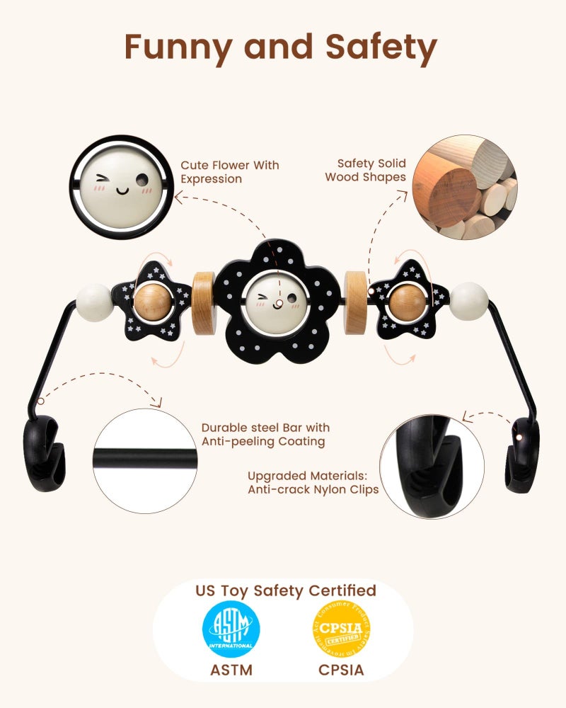 TinlyFinly Baby Bouncer Toy Bar Wooden Compatible with Baby Bjorn Bouncers, Bouncer Toy Attachment Tight and Secure Fit, So Fun to Watch, Touch and Spin for Babies All Ages (Black and White Flower) - Image 4