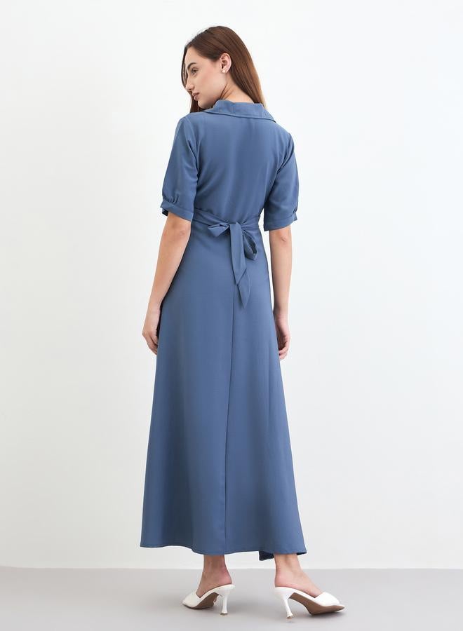 ستايلي فستان طويل بأكمام منفوخة ونصف شريط أزرار - Image 4