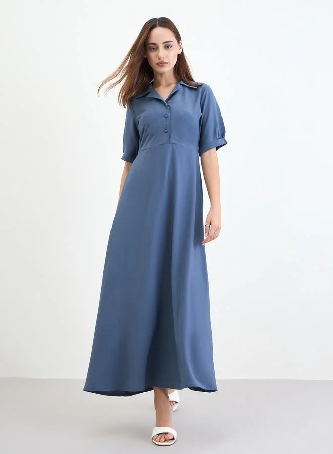 ستايلي فستان طويل بأكمام منفوخة ونصف شريط أزرار