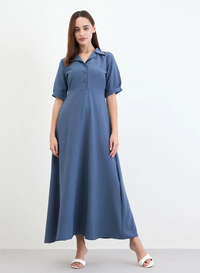 Styli Blue Puff Sleeve Maxi Dress with Half Placket