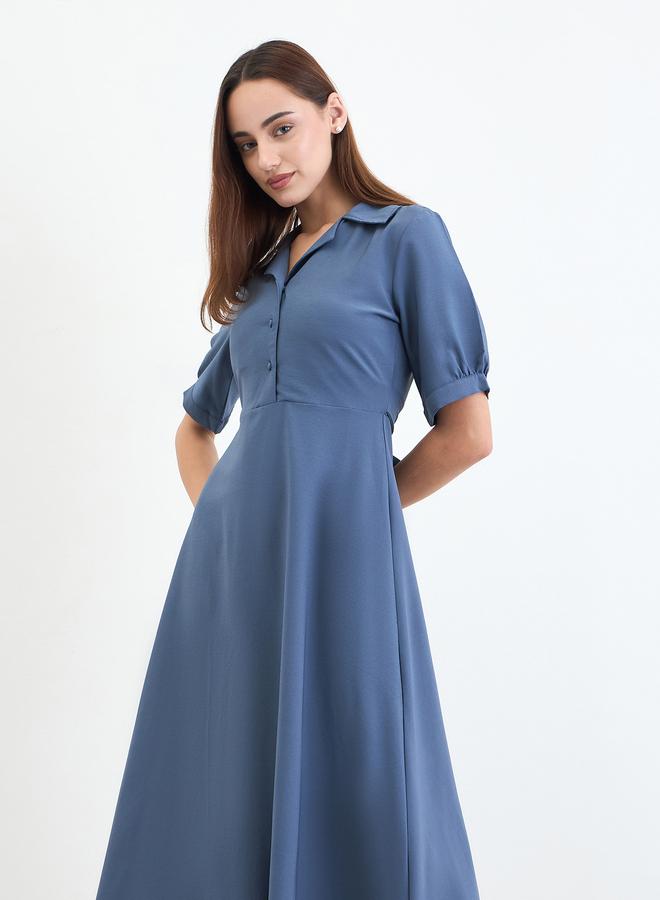 ستايلي فستان طويل بأكمام منفوخة ونصف شريط أزرار - Image 5