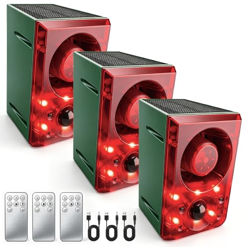 ChunHee Solar Outdoor Motion Sensor Alarm with Dog Barking Gunshot Sound Support Recording and Adjustable Volume 130db Loud Noise Maker 3 Work Modes Strobe Light for Home Villa Farm Barn 3pack - Image 1