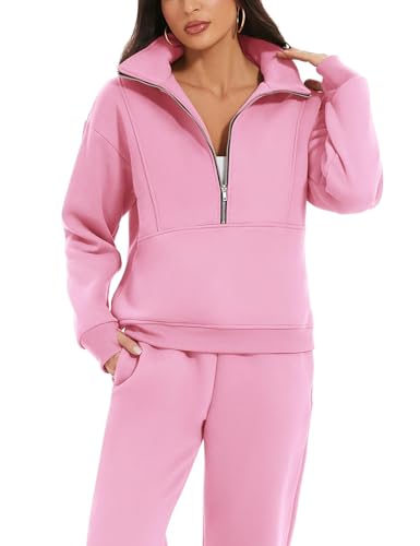 Eisctnd Womens Fleece 2 Piece Sweatsuit Lounge Set Long Sleeve Sweatshirt Jogger Pants Tracksuit Sweatsuit 2024 Fall Sets(Pink-L) - Image 3