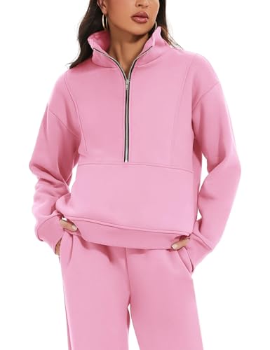 Eisctnd Womens Fleece 2 Piece Sweatsuit Lounge Set Long Sleeve Sweatshirt Jogger Pants Tracksuit Sweatsuit 2024 Fall Sets(Pink-L) - Image 2