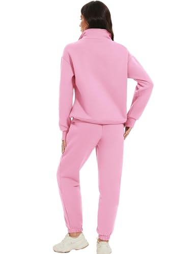 Eisctnd Womens Fleece 2 Piece Sweatsuit Lounge Set Long Sleeve Sweatshirt Jogger Pants Tracksuit Sweatsuit 2024 Fall Sets(Pink-L) - Image 4