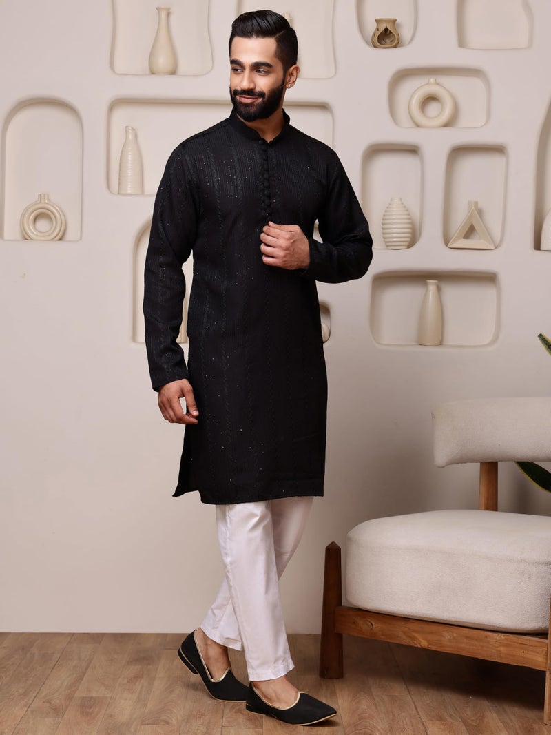 Vardha Men's Black Sequin Embroidered Kurta for Men in Cotton Blend with Vertical Stripe Sequin Dots and Threads Weave Ethnic Kurtas Size -S - Image 3