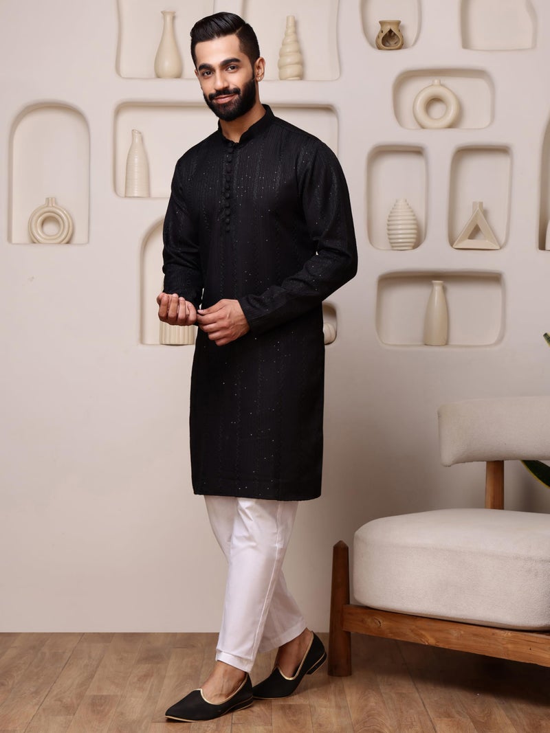 Vardha Men's Black Sequin Embroidered Kurta for Men in Cotton Blend with Vertical Stripe Sequin Dots and Threads Weave Ethnic Kurtas Size -S - Image 4
